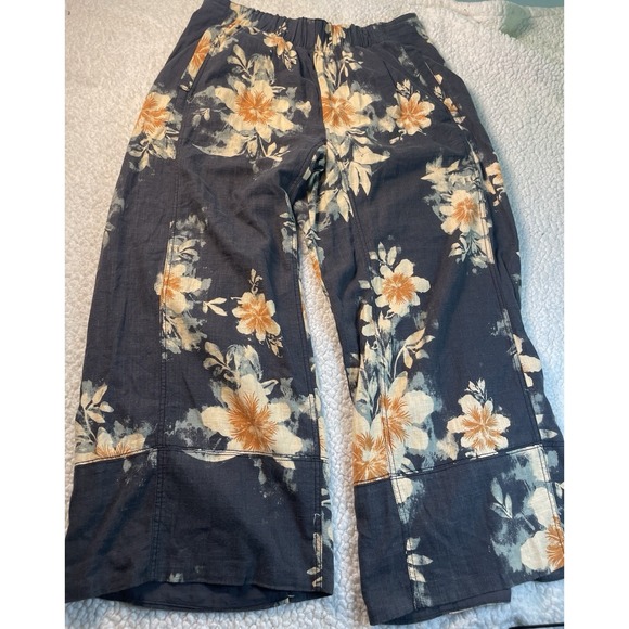 Free People Pants - Free People Pants Womens XL Gray Linen Blend Wide Leg Floral Ankle Pull On Boho